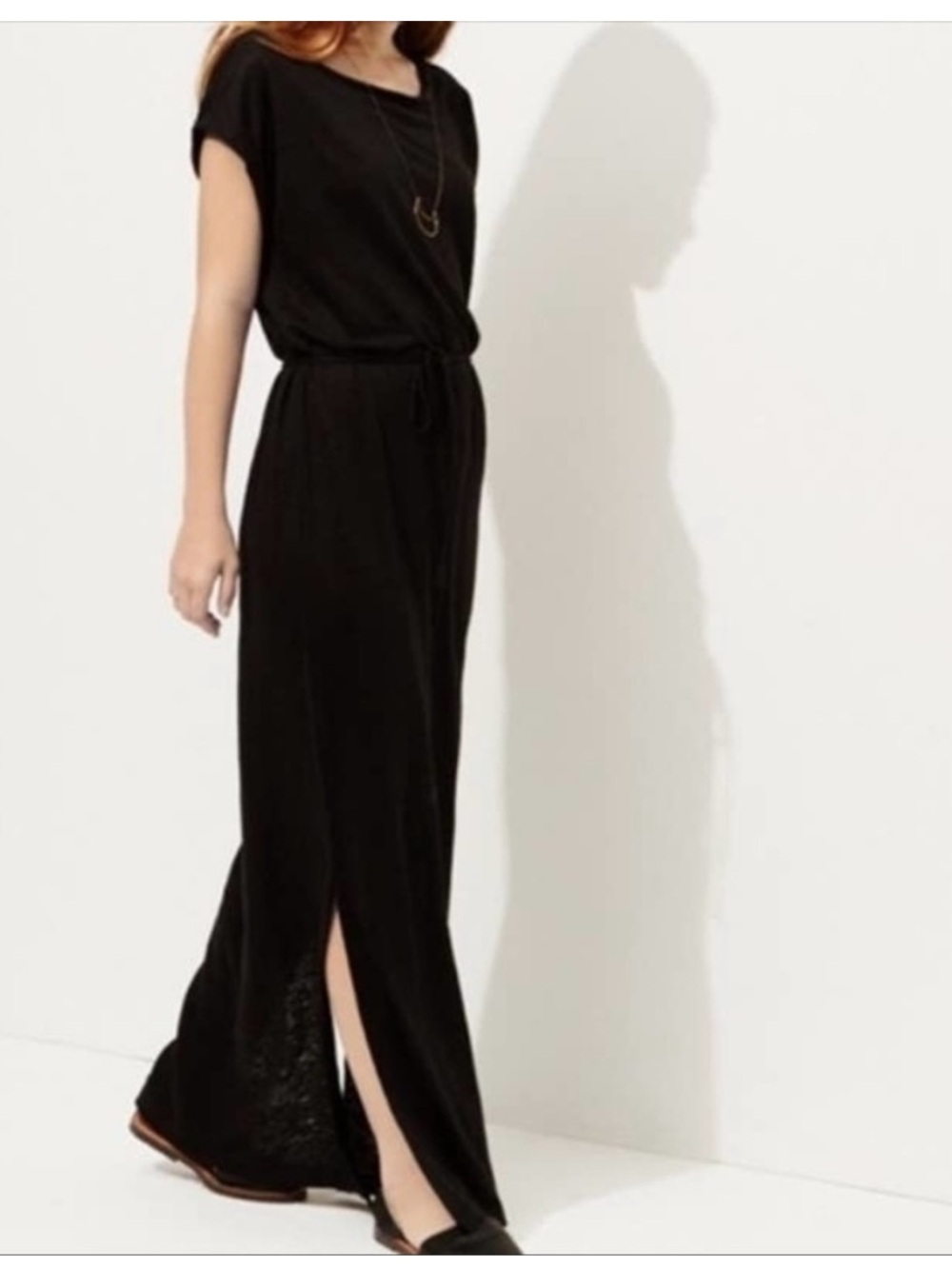 Lou & Grey Black 100% Linen Crew Neck Side Slit Maxi Dress Size Medium Belted